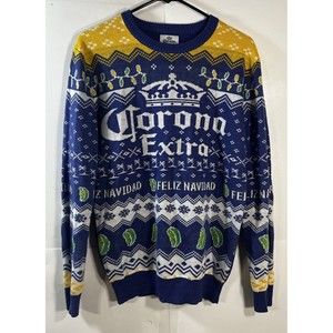 Corona Extra Beer Logo Ugly Christmas Knit Sweater Feliz Navidad Mens Blue Sz M